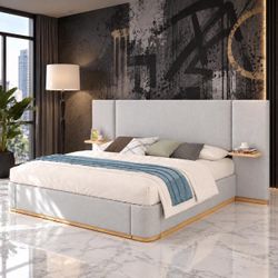 Queen Size Gray Canary Modern Upholstered Platform Bed Frame.