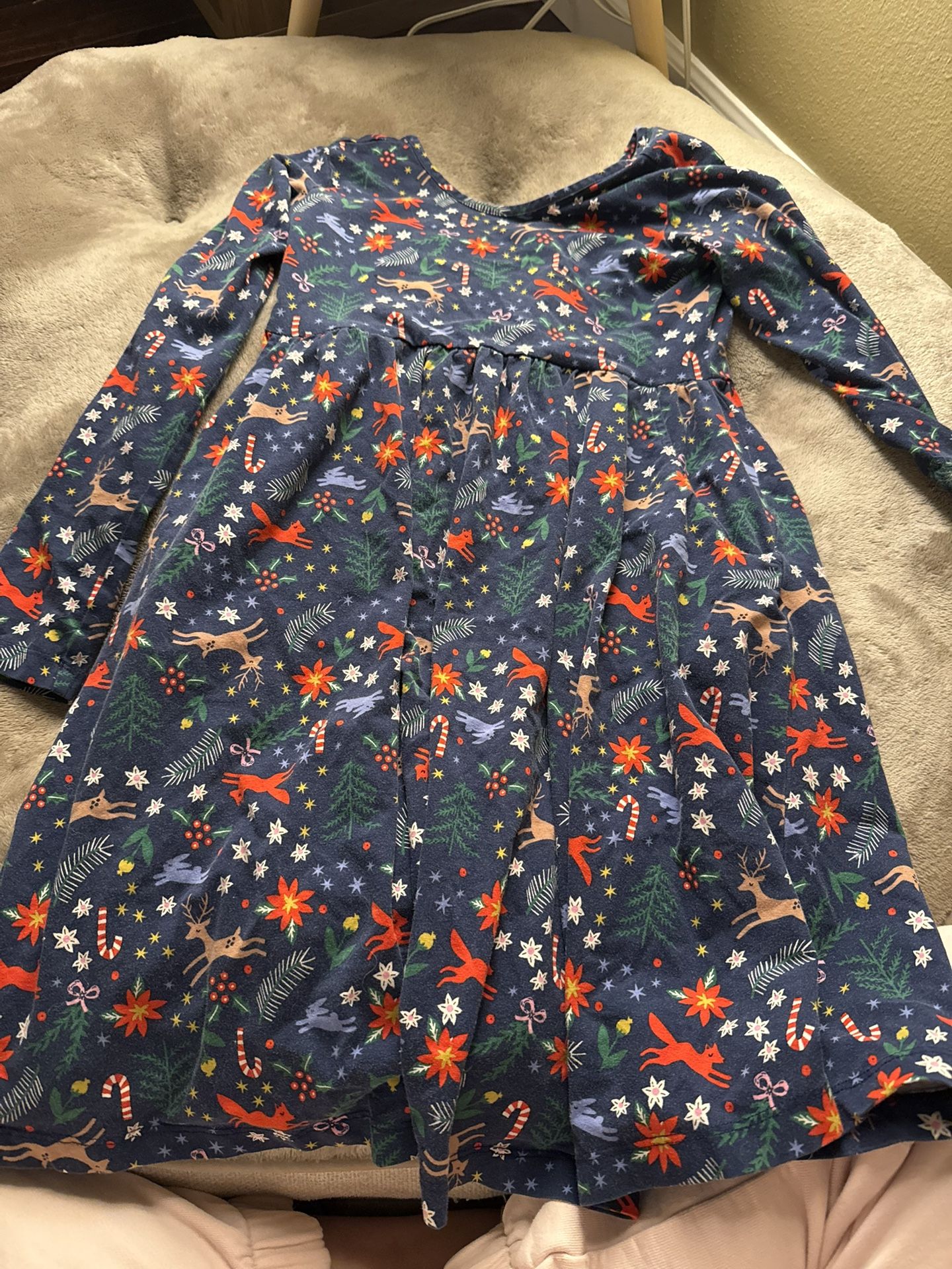 Hanna Andersson Girls Dress Size 8 Blue Long Sleeve Candy Can Reindeer fox