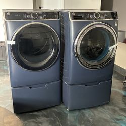 GE ULTRAFRESH FRONT LOADING WASHER & DRYER SET IN SAPPHIRE BLUE