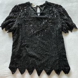 vintage 80s black denise elle beaded & sequined top / silk shell / poly lining
