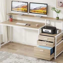 JW0712 63 Inch Computer Desk with File Drawer Cabinet, Ergonomic Office Desk with Monitor Stand, Industrial Computer Table with Printer Space, Wood PC