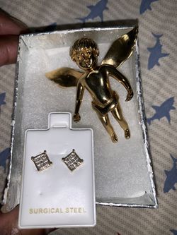 Real 14k gold diamond earrings and stainless steal angel pendant