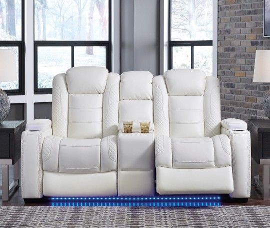 Party Time Power White Reclining Loveseat with Console

