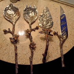 BOMBAY COMPANY Silver Leaf & Twig Salad Serving Spoons Cake Knife Woodland Fairy