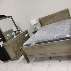 Louis Philip Gray Sleigh Bedroom Set
(Bed, Dresser, Nightstand and Mirror)