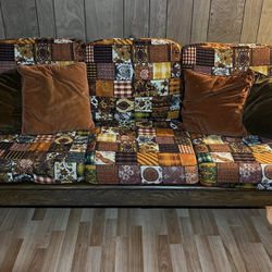 Vintage Circa 1970 Mid Century Modern Wood Frame Spindle Back Cushioned Sofa