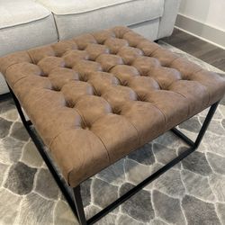 Modern Square Button Tufted Ottoman Footstool with Metal Base, 28-Inch by 28-Inch, Light Brown