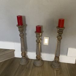 Mango Wood Handmade Decorative Candle Holder Candle Stand, Set of 3 Candlestick Holder 24” and 20”H, Light Gray 