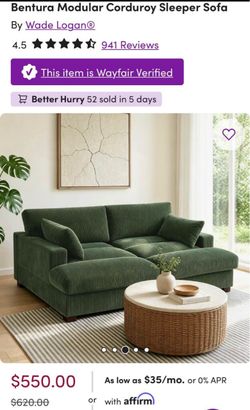 Green, Bentura Modular Corduroy Sleeper Sofa - By Wade Logan®.