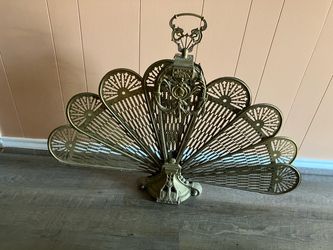 Antique Art Deco Brass Peacock Fire Screen