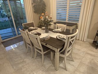 Farmhouse style dining room table, 6 chairs and sideboard console each with felt lined drawers