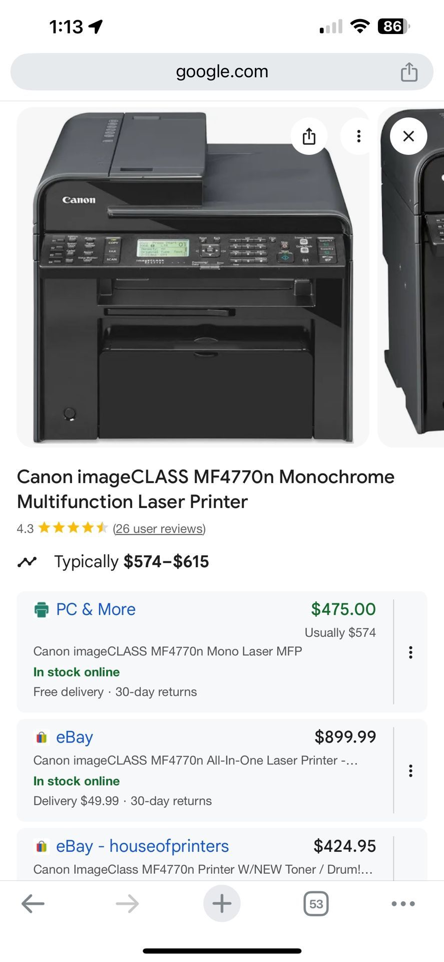 ($500 retail) Canon imageCLASS MF4770n laser all-in-one printer. Ink lasts a LONG time. Amazing deal today only.
