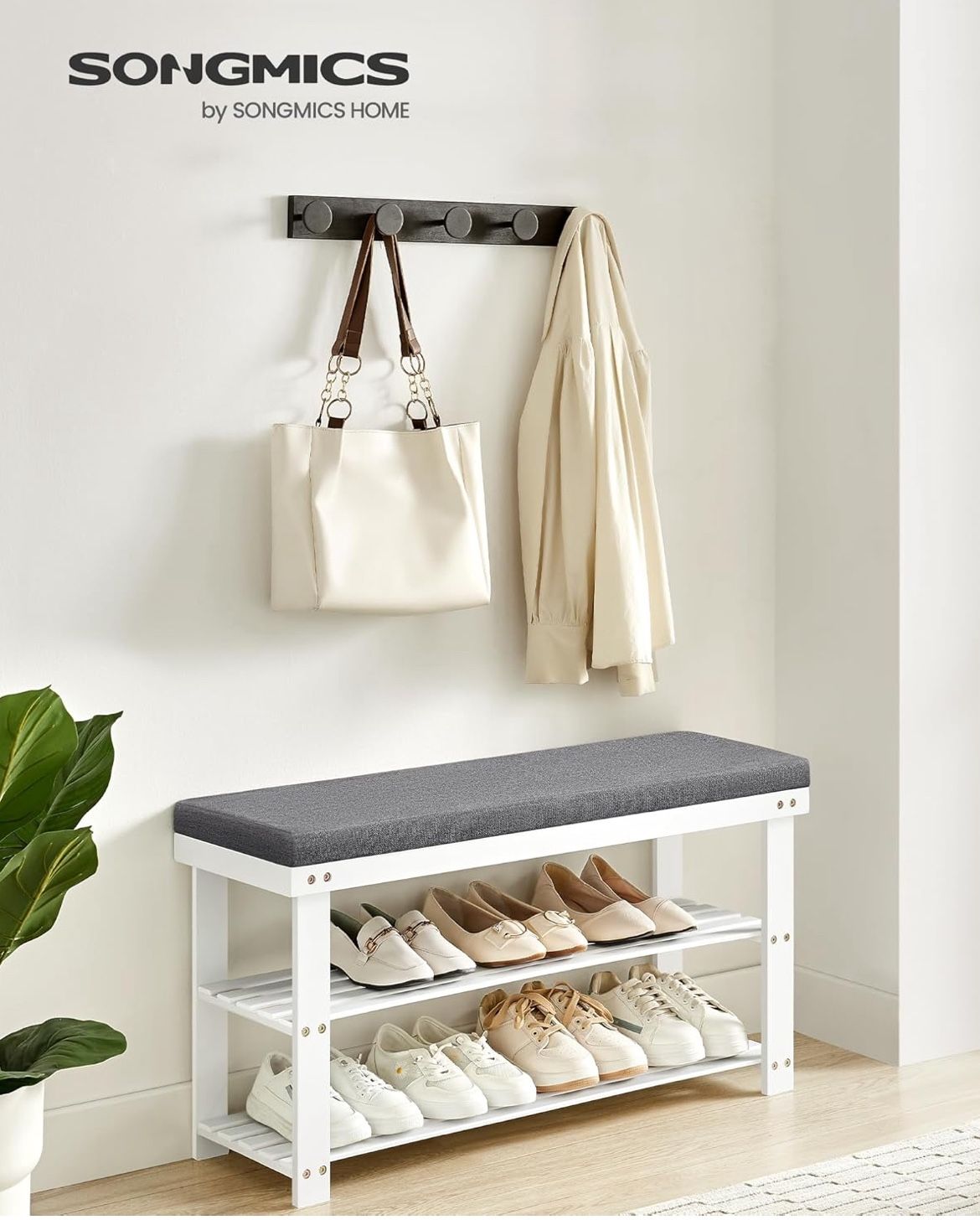 SONGMICS 35.4" Bamboo Shoe Bench 3-Tier Rack Organizer Entryway w/ Cushion - Cloud White / Slate Gray