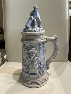 Vintage Ceramic German-Style Beer Stein with Figural Hunter/Dog Lid