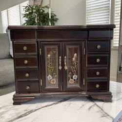 Jewelry Box Cherry Wood w/Etched Rose Armoire-Style Doors