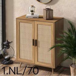 Rattan Storage Cabinet, Sideboard Buffet with Rattan Decor Doors, Sideboard Accent Cabinet with Solid Pine Wood Feet for Hallway, Entry, Living Room, 