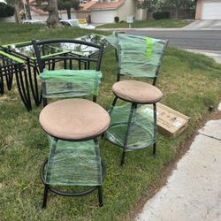 Two Bar Stools Black Metal With Brown Cloth Seat material