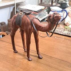 Vintage Large Leather Wrapped Camel Figurine W/Saddle & Reins 12.5"H X 13"L