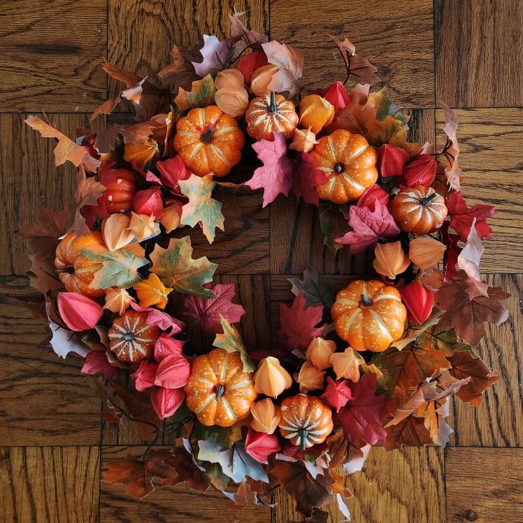 22" Faux Pumpkin Wreath Farmhouse Fall Orange Red Wreath