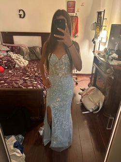 Baby blue strapless sequenced long prom dress