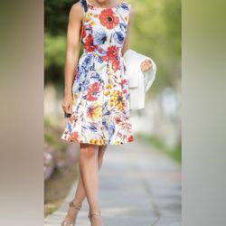 Brand New Donna Morgan Red & Blue Floral Dress - Size 10