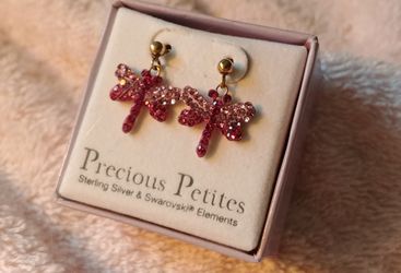 "Precious Petites" New in Box Sterling Silver Pave Dragonfly Earrings #355