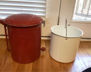 Vintage metal red enamel garbage trash pail can bucket.