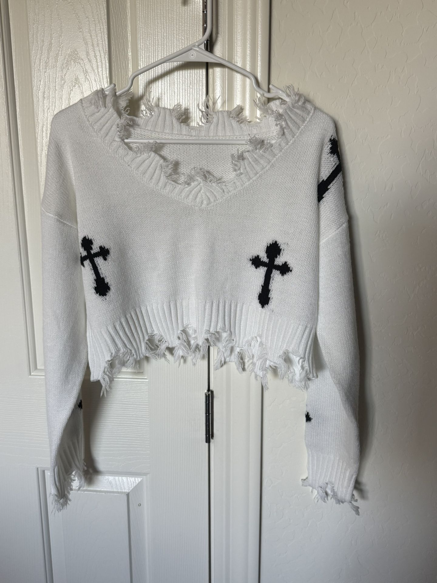 SHEIN White Chic Sweater With Black Crosses Sz Small