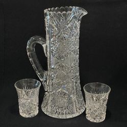 Antique American Brilliant Cut Crystal Water Pitcher & 3 Cups