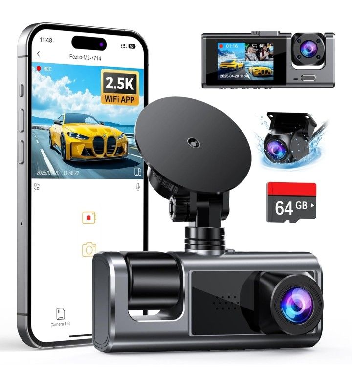 3 Channel WiFi Dash Cam Front and Rear Inside with 64GB SD Card, 2.5K+1080P+1080P Car Dash Camera