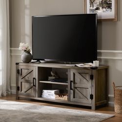 FITUEYES Farmhouse Barn Door Wood TV Stands for 70" Flat Screen, Media Console Storage Cabinet, Rustic Gray Wash Entertainment Center for Home Living 