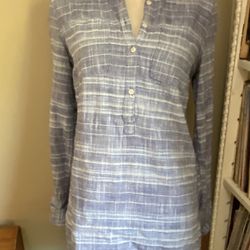 MERONA Chambray Blue Striped Henley Cotton Pullover Long Tunic Top Womens Size S 