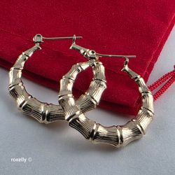 14K Yellow Gold Bamboo Hoop Design Earrings - Solid Gold!/ Aretes de Argolla de Oro con Diseño de Bambú! 👌🎁Post Tags: Aretes de Oro