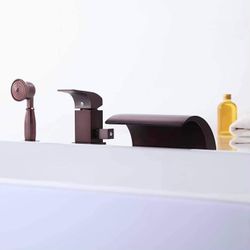 Oil Rubbed Bronze Tub Faucet 3-Hole Deck Mount Waterfall Roman Tub Filler with Handheld Shower A-92