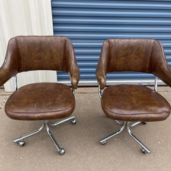 Pair of Brown Leather Rolling Chairs