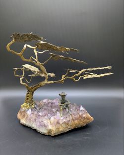 Vintage Bronze & Amethyst Sculpture: Boy Sitting Under Tree