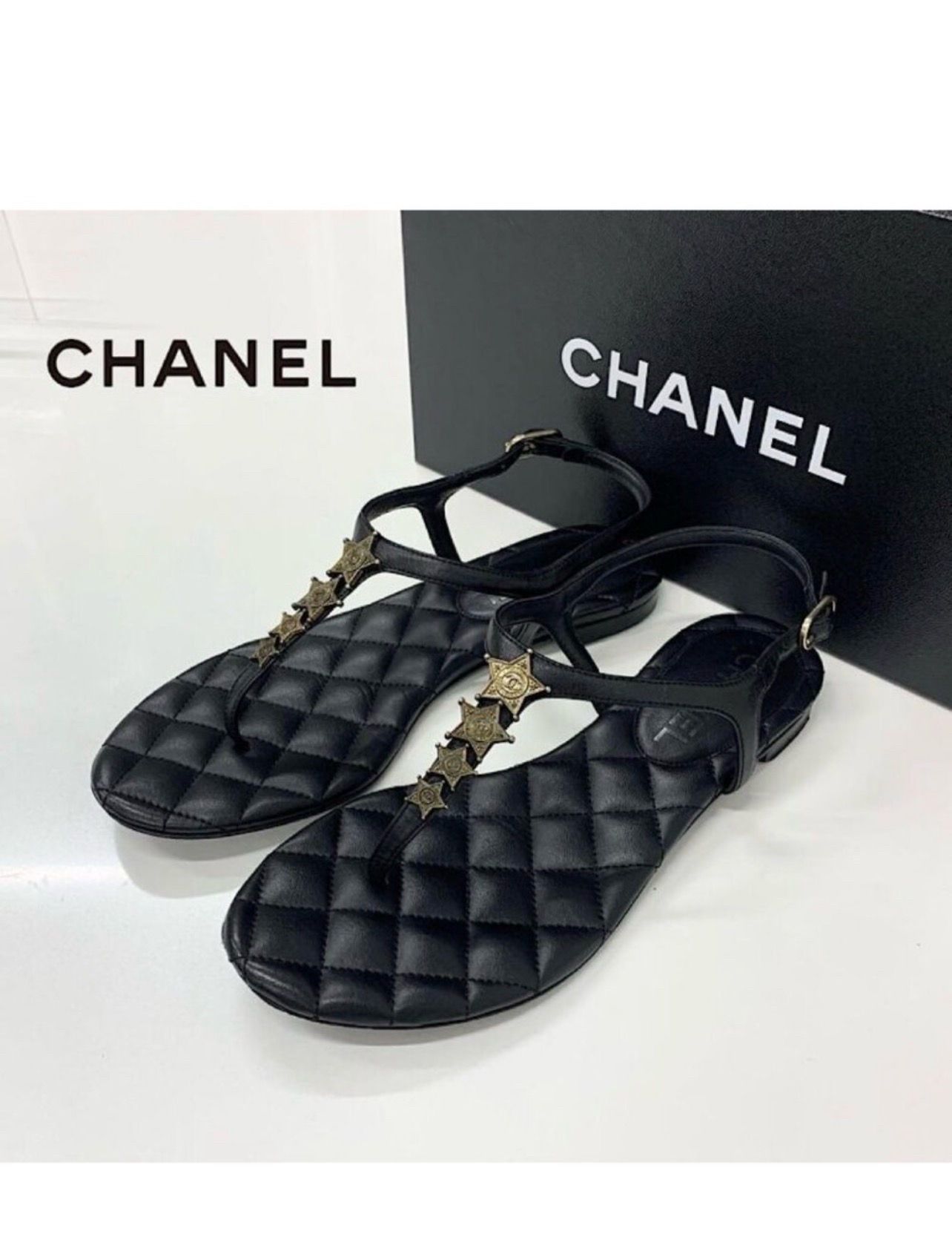 Chanel CC Logo Star Quilted Leather Thong Sandals Black