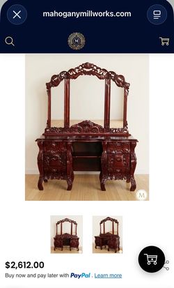 Cherry Rococo Vanity Dresser Desk, Two Night Stands and Matching Chair: Elegant Solid Mahogany Wood 4 Piece Set