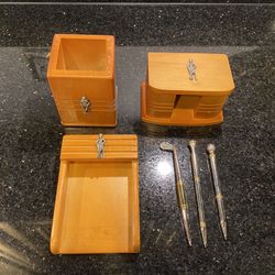 Vintage Golfer Light Wood Desk Set Note & Business Card Holders Pen Cup & 3 Pens