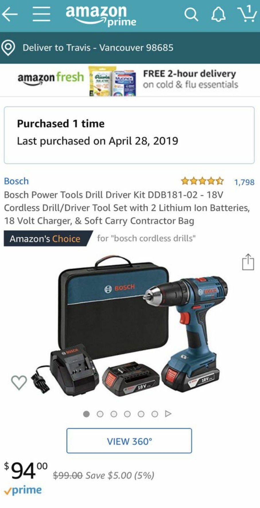 Bosch cordless 18v Drill with one battery no case