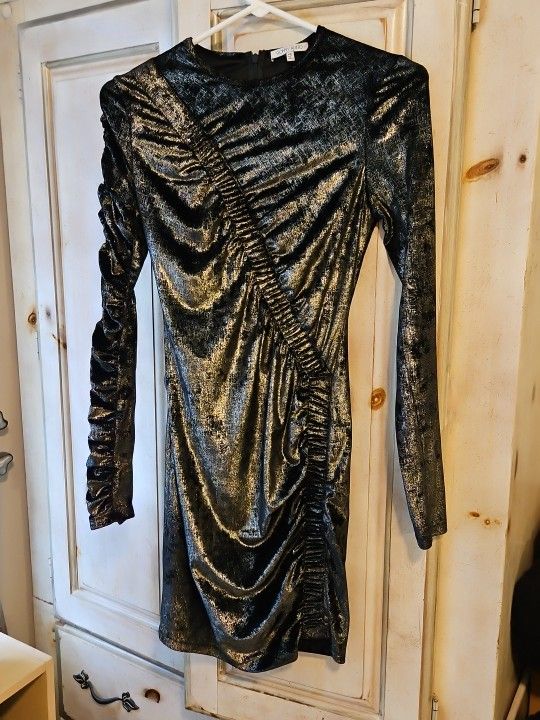 Ronny Kobo Womens Yarden Black & Gold Metallic Velvet Ruched Mini Dress XS