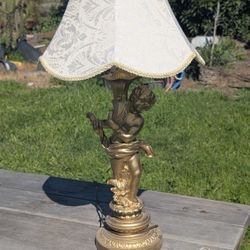 Vintage 32" Baroque Brass Cherub Table Lamp with Damask Shade – Victorian Decor

