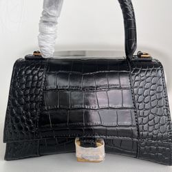 Hourglass Small Handbag Crocodile Embossed In Black