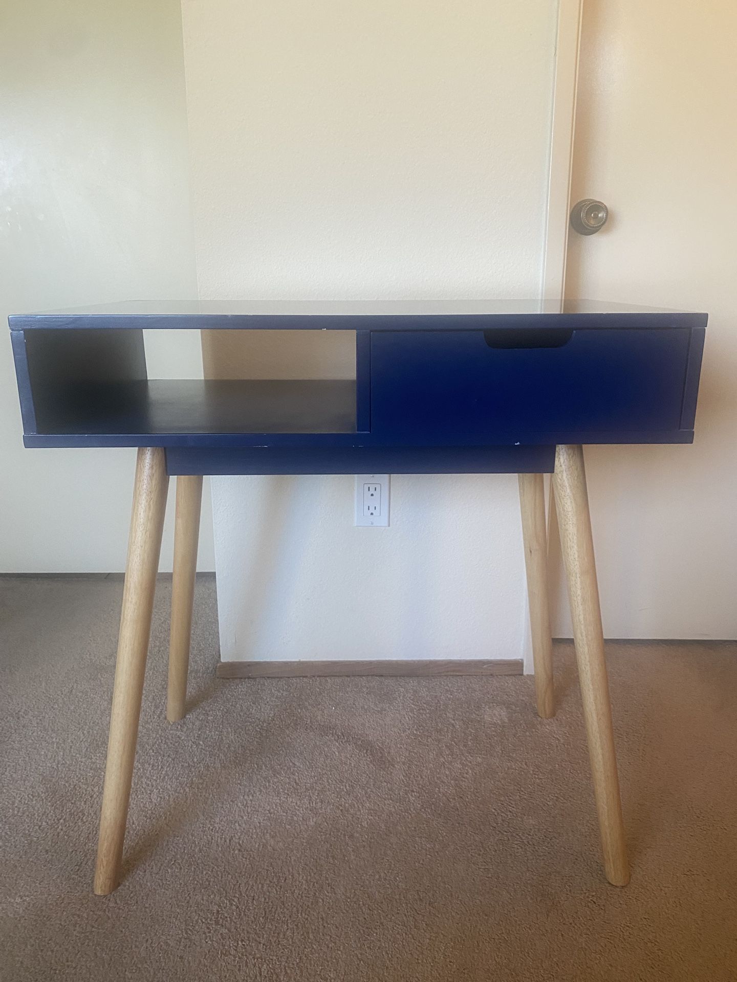 Mid Century Modern Blue Wooden Desk With Drawer