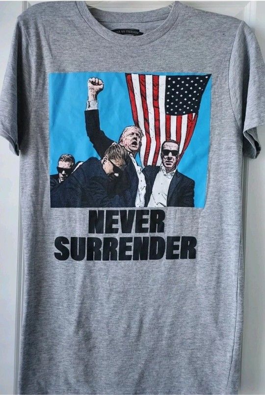 Donald Trump Never Surrender Fist Up Fight 2024 T Shirt Gray MAGA USA Size Small
