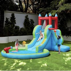 Inflatable Kids Water Slide, 5-in-1 Outdoor Blow Up Slide for Kids Aged 3-8 with Water Cannon, Basketball Hoop, Climbing Wall, Storage Bag & 350W Blow