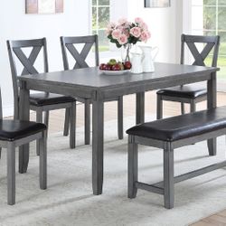 ✅️✅️6 pc laurel  gray finish wood dining table set padded seat chairs and bench✅️✅️