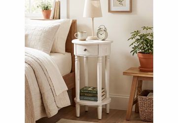 Round White Distressed Wood Nightstand with Drawer