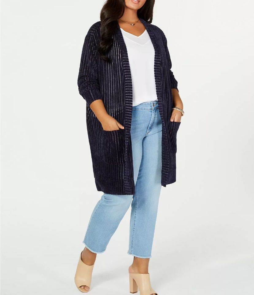 Say What? Women’s navy Ribbed Duster Cardigan Sweater, 3X