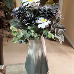 11 inch by 6-in gray and white vase with Pinecone flowers